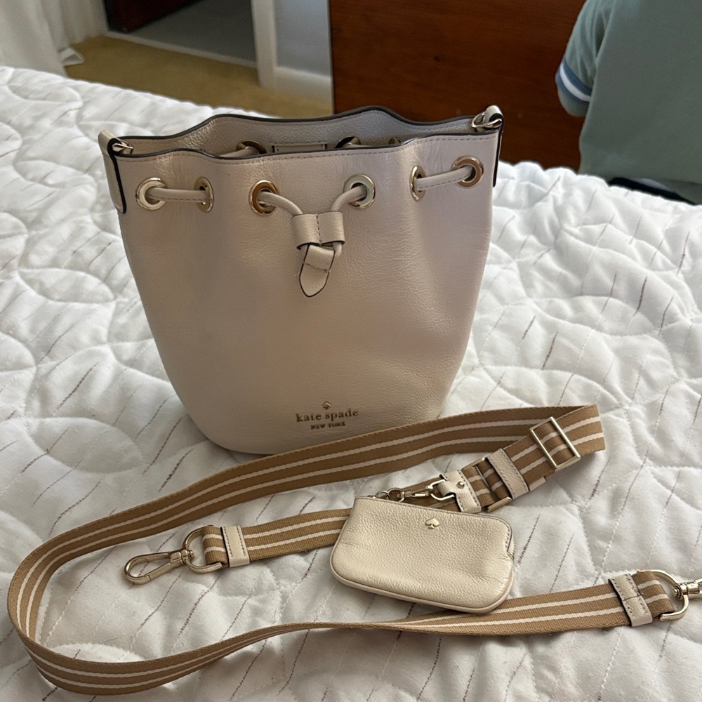 Kate Spade Beige Bucket Bag with Striped Strap